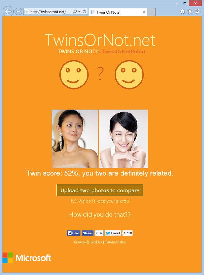 TwinsOrNot 上傳 2張相片，微軟就告訴你相片之間的相似程度