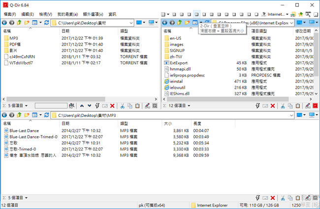 Q-Dir 將多個檔案總管放在同一個視窗中，方便操作(繁體中文版 免安裝)