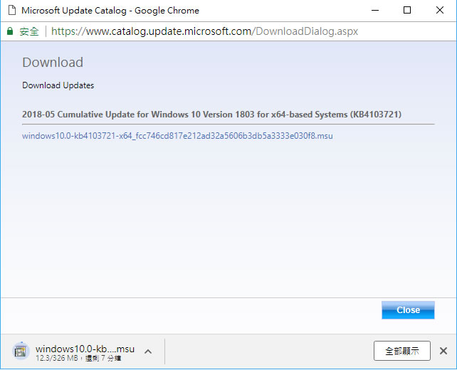 Windows 10 1803版 KB4103721  更新檔，解決 Chrome 瀏覽器崩潰問題