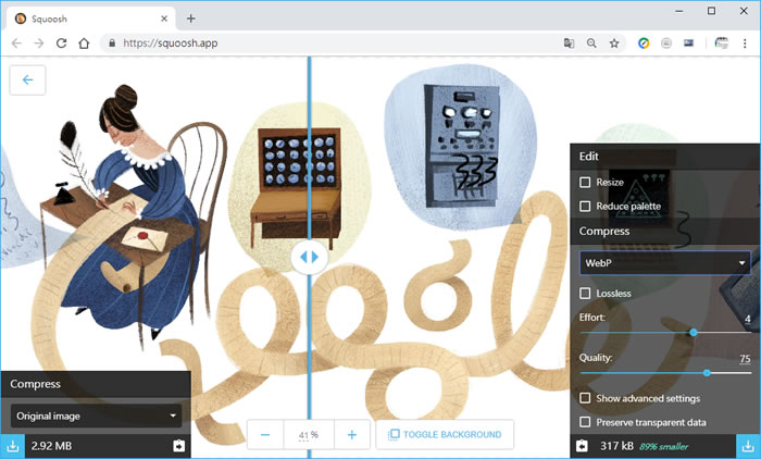 Squoosh 由 Google 推出的「圖片減肥」與「格式轉換」免費線上工具
