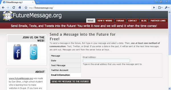 FutureMessage.org  發送訊息到未來(EMail、簡訊、Twitter)！