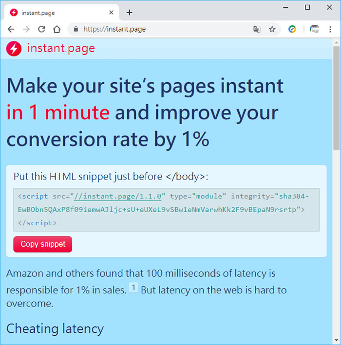 只需加入 instant.page 網站所提供的一小段程式碼，就能讓網頁載入更快更即時
