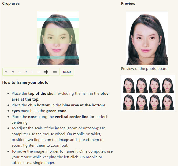Passport photo online 讓單一大頭照，自動拼出 2吋 4X2 8張的尺寸