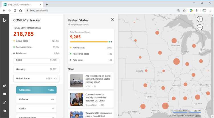Bing COVID-19 Tracker 微軟用地圖助你掌握各國新冠肺炎疫情