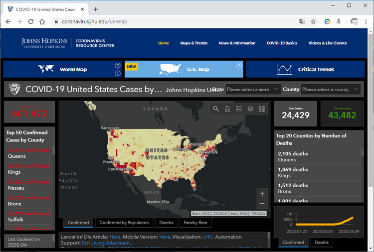 Johns Hopkins University 新增追蹤美國新冠肺炎為主的地圖