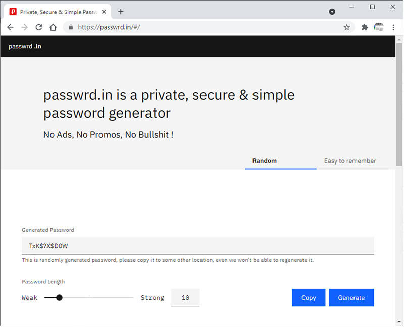 passwrd.in 可自選長度的線上密碼產生器