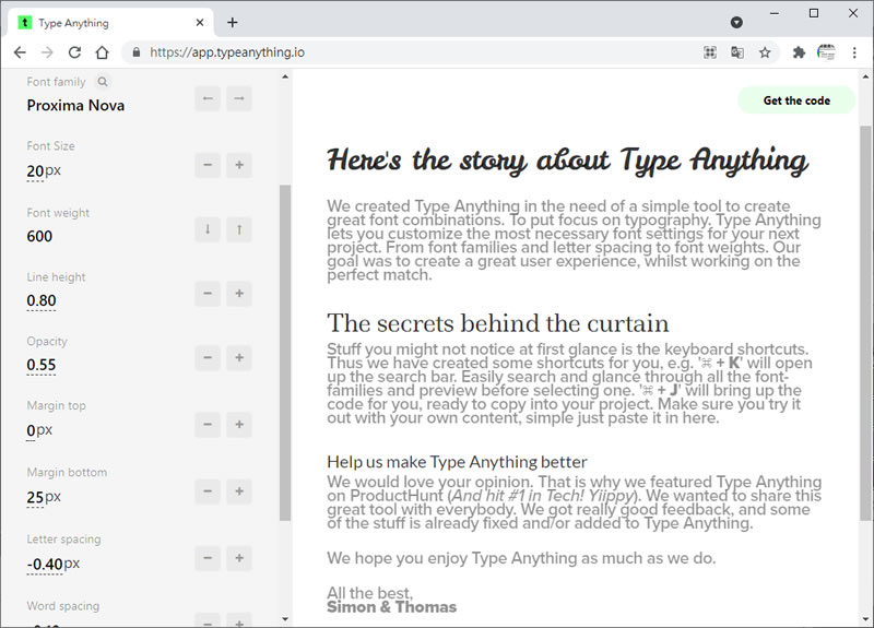 Type Anything 視覺化調整網頁文字字體、間距、大小...的 CSS 語法產生器
