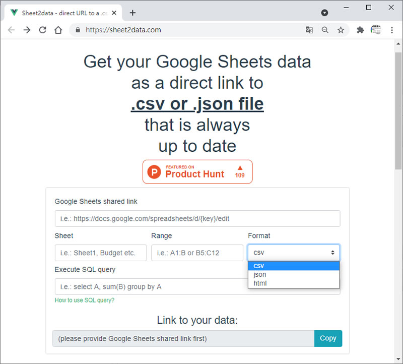 Sheet2data 將「Google 試算表」內的資料轉成 HTML、JSON 或 CSV 資料格式的免費線上服務