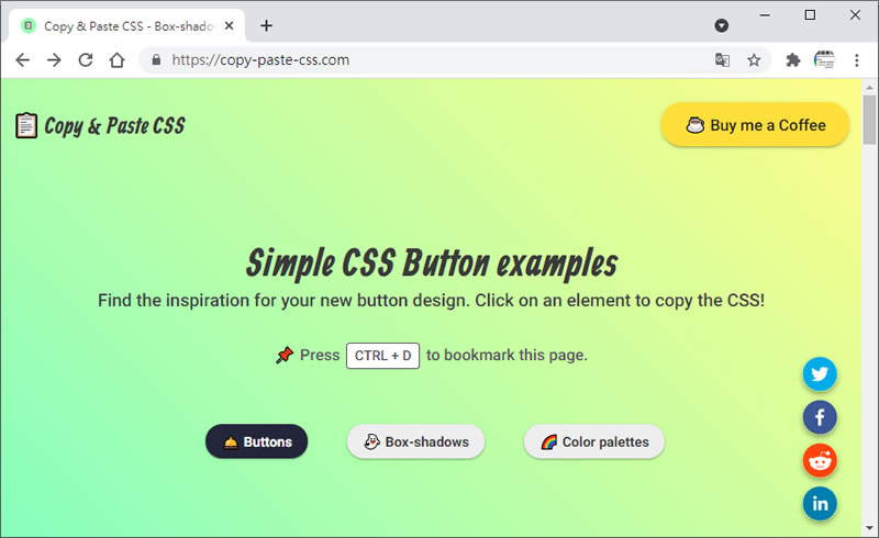 Copy & Paste CSS 線上提供 Buttons、Box-shadows 及  Color palettes 已搭配好的 CSS 樣式，複製就可以使用