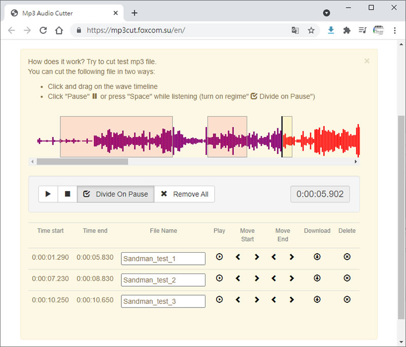 Easy MP3 Audio Cutter 可將 MP3 剪輯成多段 MP3 的免費線上服務