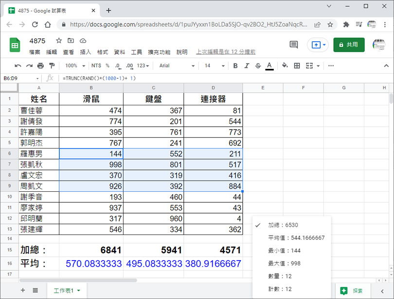 「Google 試算表」如何免計算就可得知所圈選儲存格內的加總、平均值、最大及最小值？