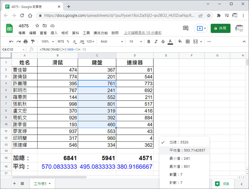 「Google 試算表」如何免計算就可得知所圈選儲存格內的加總、平均值、最大及最小值？
