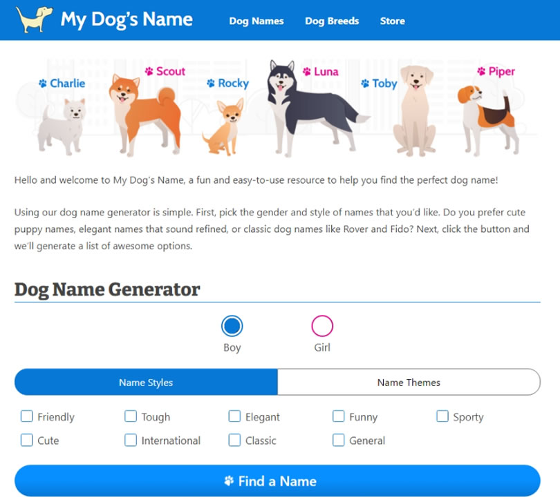 Dog Name Generator 毛小孩名字線上產生器與品種特性介紹