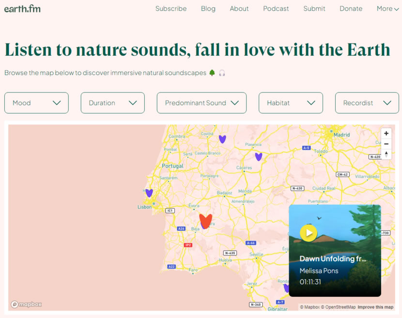 earth.fm 線上聆聽來自世界不同地區的大自然聲音