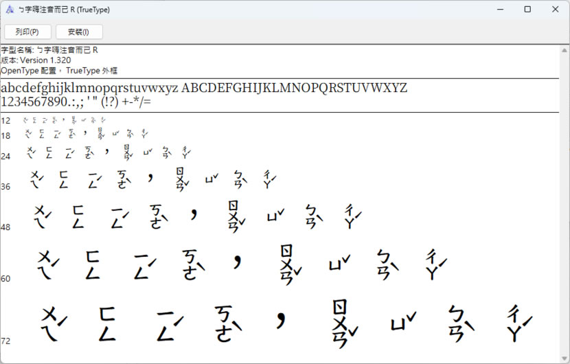 「字嗨注音加框」國字空白留框 僅顯示注音的免費中文字型