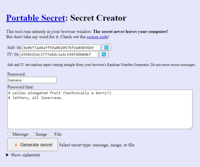Portable Secret 以 HTML 傳送加密文字、圖片和檔案 可自訂密碼及密碼提示