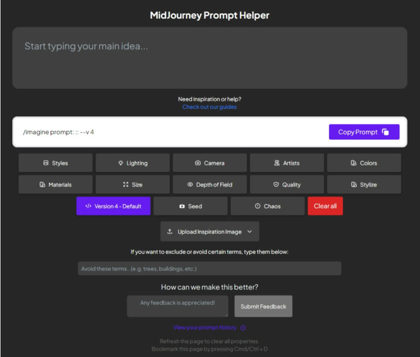 「MidJourney Prompt Helper」MidJourney 指令助手，協助將文字指令額外加入燈光、藝術家等效果
