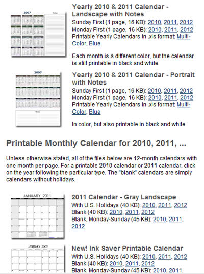 Vertex42 線上下載 Excel、PDF 格式的年曆或月曆