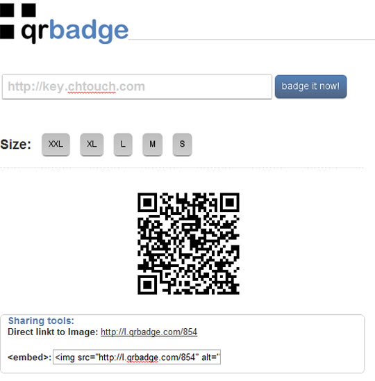 qrbadge.com 網址 QR Code 產生器，提供五種尺寸，並支援外連