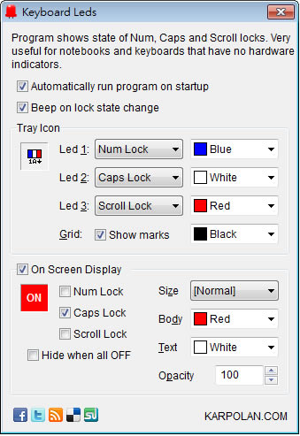 Keyboard LEDs 讓鍵盤的 Num Lock、Caps Lock 及 Scroll Lock 燈號能顯示在螢幕上的工具