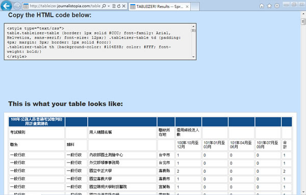 TABLEIZER! 將 Excel 試算表中的資料轉為 HTML 網頁的免費網站服務