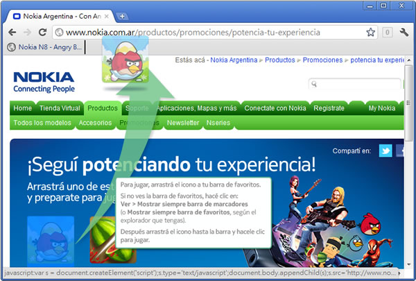 Nokia Argentina 讓你在任一的網頁裡玩 Angry Birds (忿怒鳥)或水果忍者