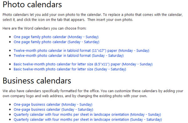 New Word calendars for 2012 微軟 2012 年 Word  新版商務日曆免費下載