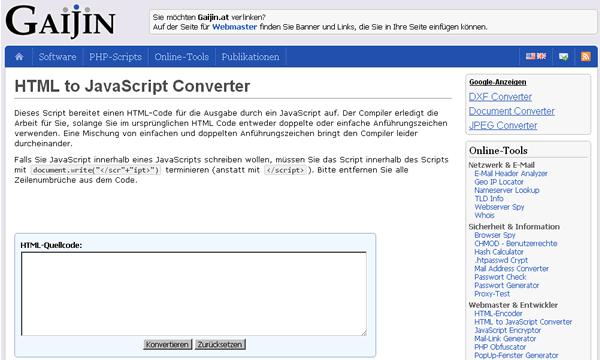 HTML to JavaScript Converter 將 HTML 標記語言轉換成 JavaScript 來輸出(線上工具)