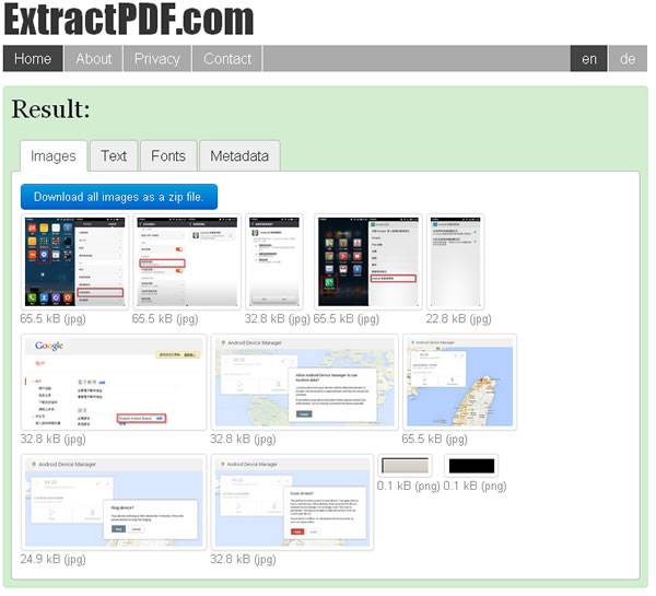 ExtractPDF.com 線上取出 PDF 檔案中的圖片、文字、字形及 Metadata(支援中文)