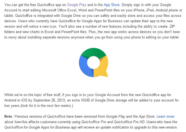 Google Quickoffice App 免費使用，再送 2年 Google Drive 10G 雲端硬碟空間