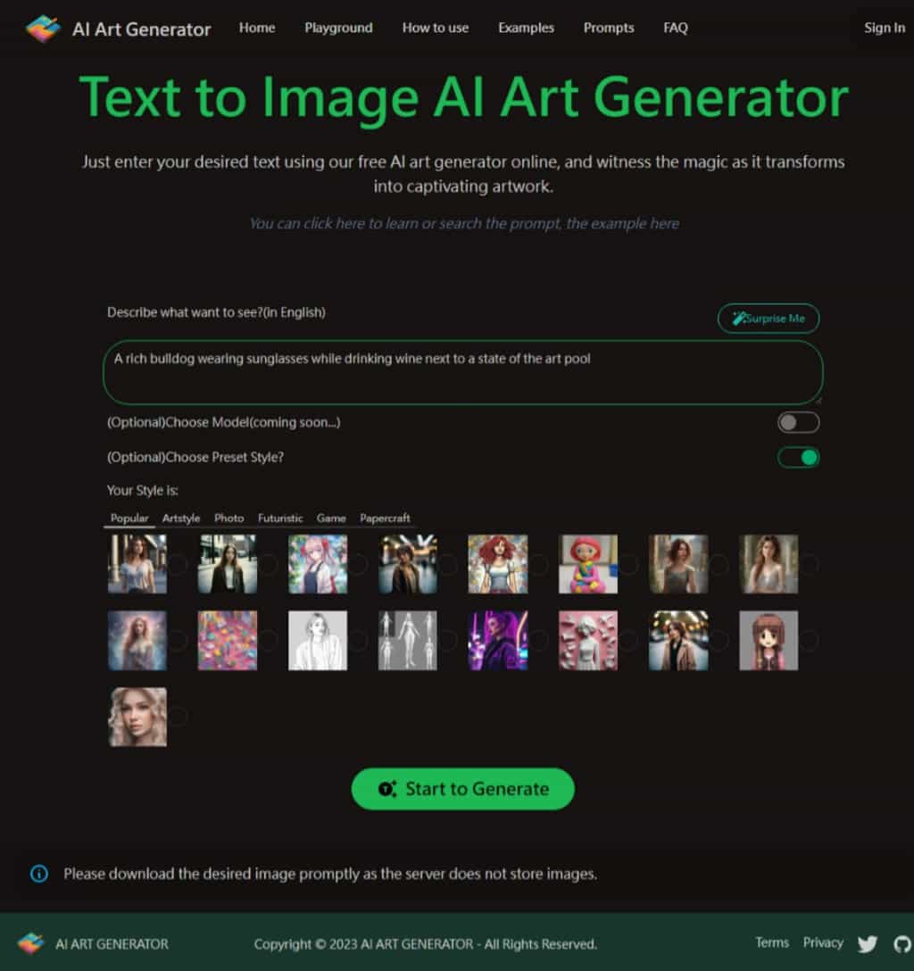 AI Art Generator 免費以文產圖的 AI 工具，有風格範本可套用