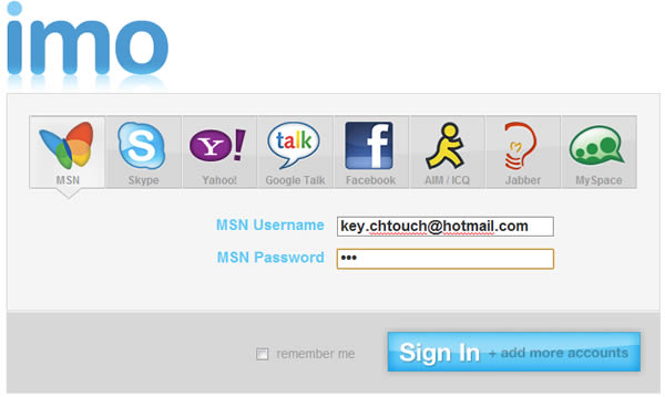 Imo.im 網頁版的即時通訊，支援 MSN、Skype、Yahoo、Facebook...，並可設定桌面通知